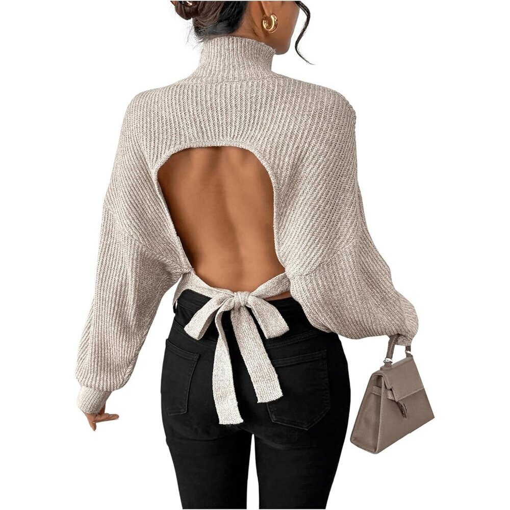 Women's Open Back Sweater Cropped Backless Bow Long Sleeve Mock Neck